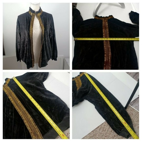 Vintage SK Sport Velour Jacket Medium Black -70s -Gold Greek Accent -Zip Up - Picture 11 of 14